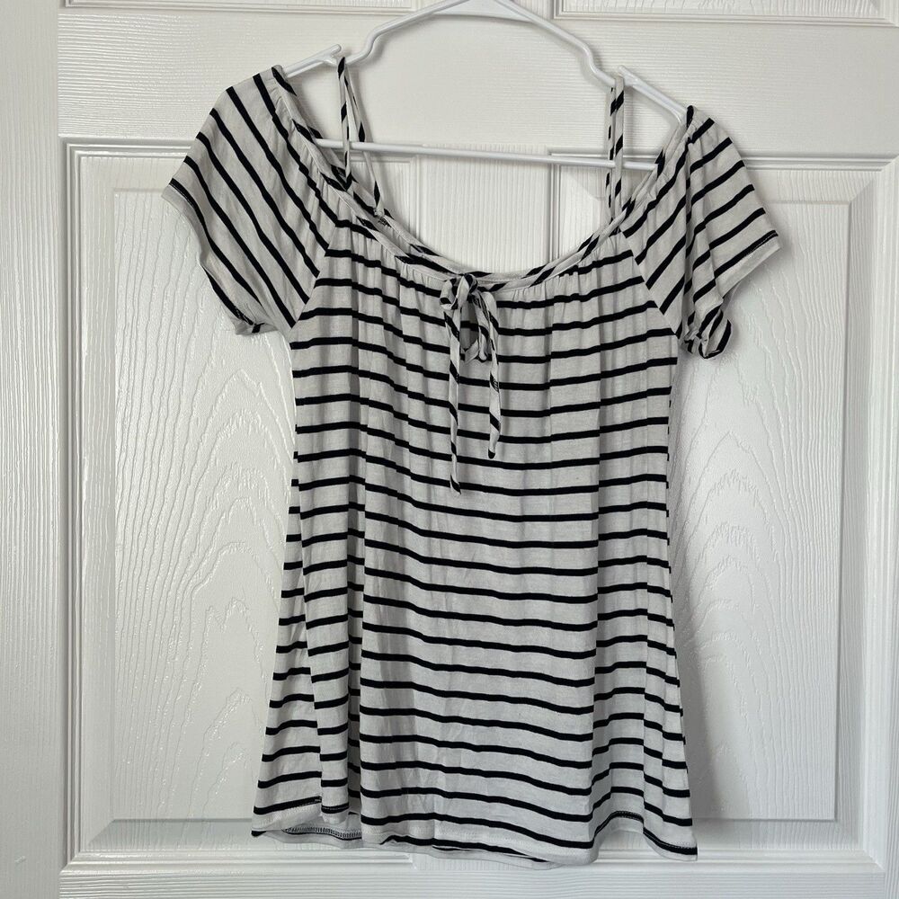 Striped Nautical Women’s T-shirt Small Cold Shoulder Black Ivory Nautical Preppy